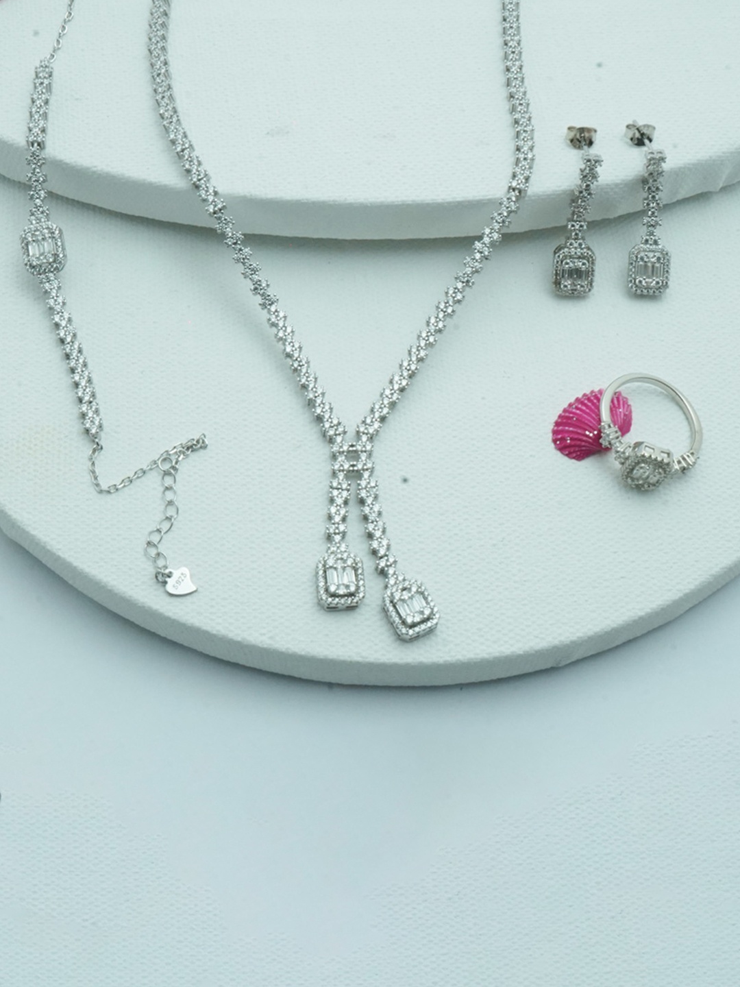 

925 SILLER Pure Silver Necklace Earrings & Ring Combo Set