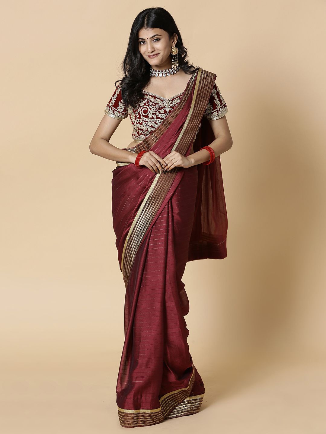 

Vervee Couture Striped Embroidered Pure Georgette Saree, Maroon