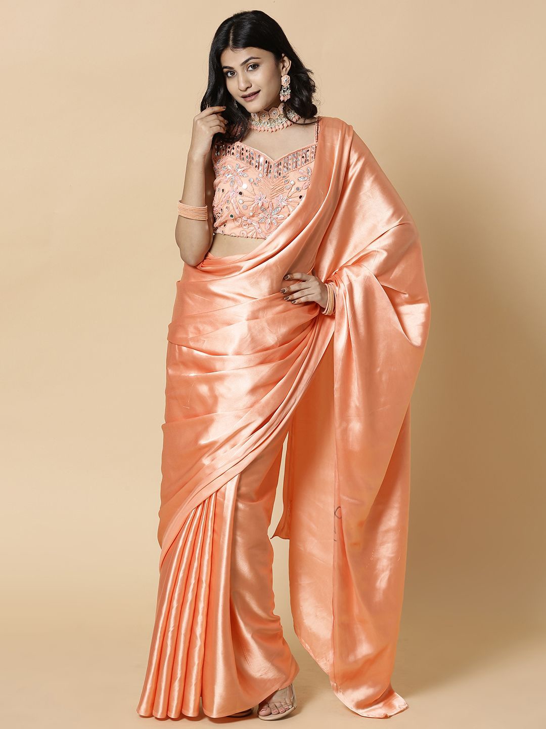 

Vervee Couture Solid Satin Saree, Peach
