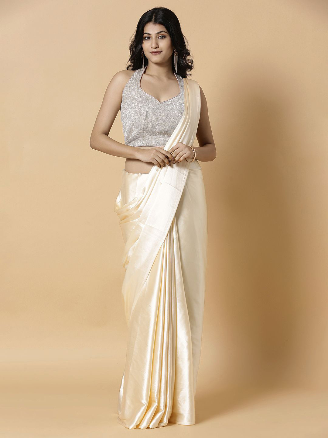 

Vervee Couture Satin Saree, Beige