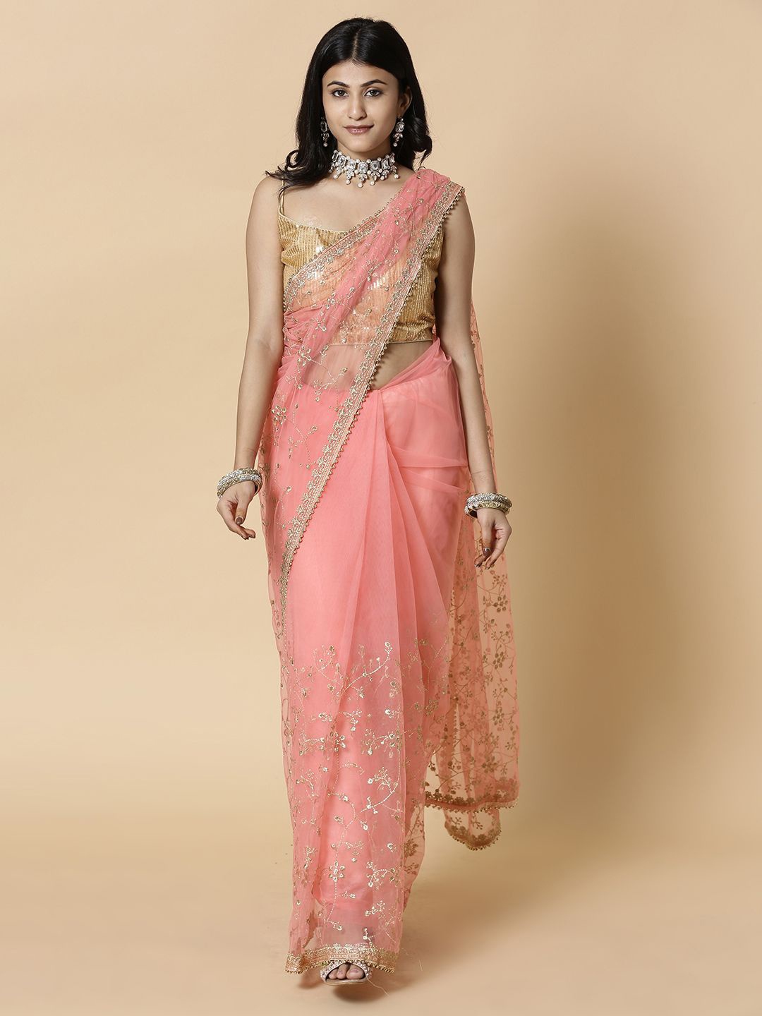 

Vervee Couture Floral Embroidered Pure Georgette Saree, Peach