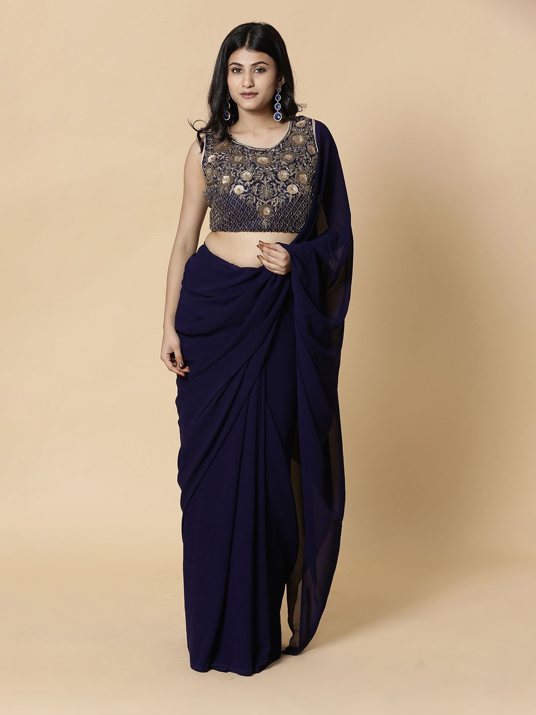 

Vervee Couture Embroidered Pure Georgette Saree, Navy blue