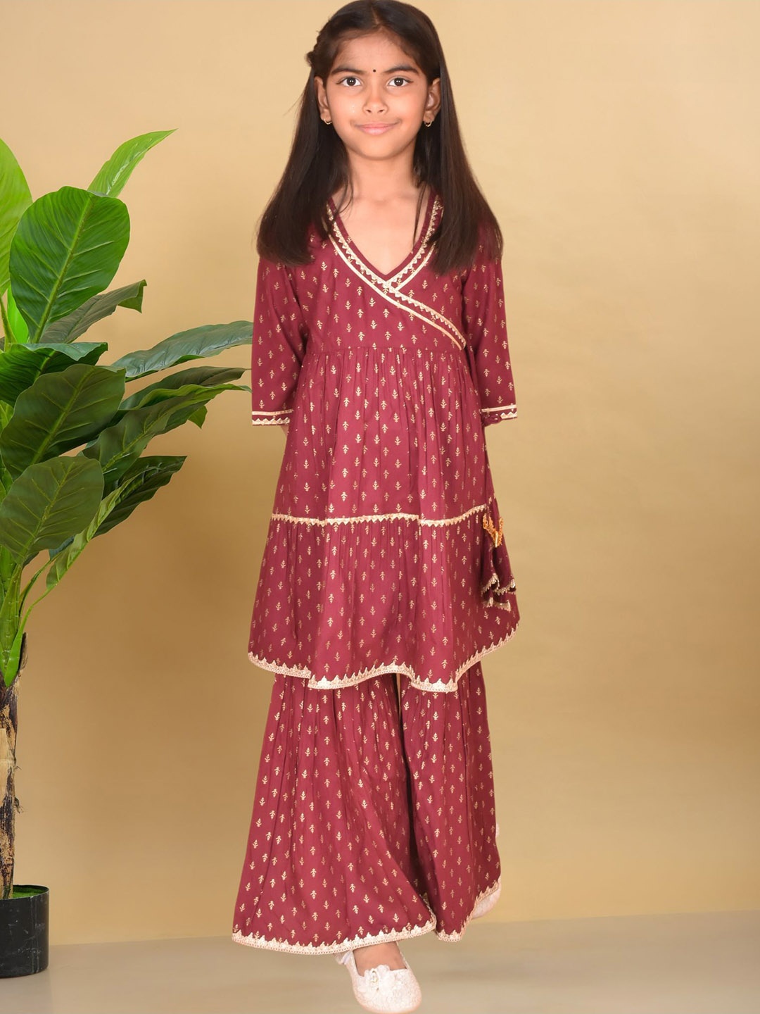 

BAESD Girls Ethnic Motifs Printed Angrakha Gotta Patti Anarkali Kurta With Sharara, Maroon