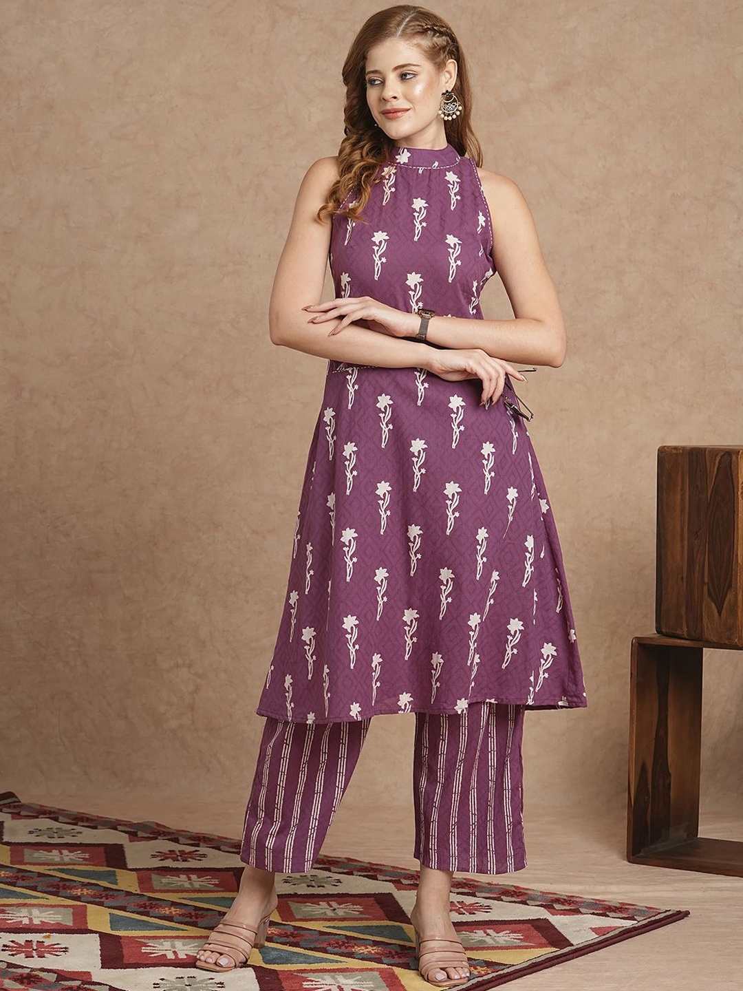 

INDYES Ethnic Motifs Printed Pure Cotton A-Line Kurta With Palazzo, Mauve