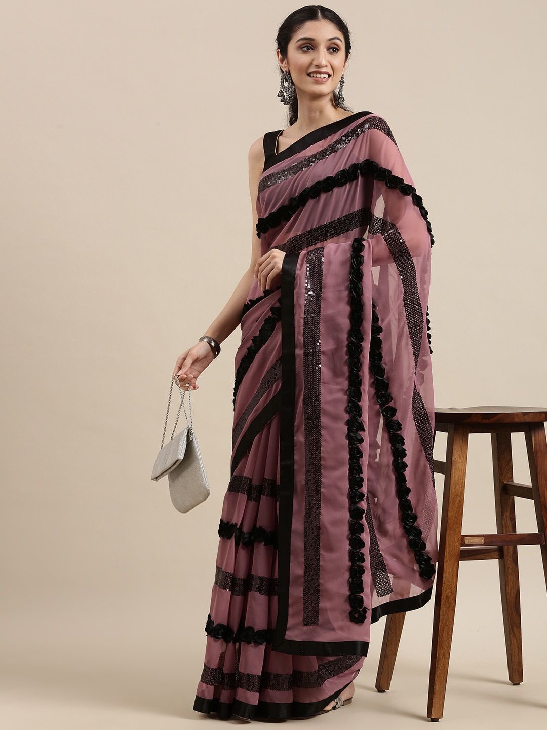 

ALAGINI Embellished Embroidered Pure Georgette Saree, Pink