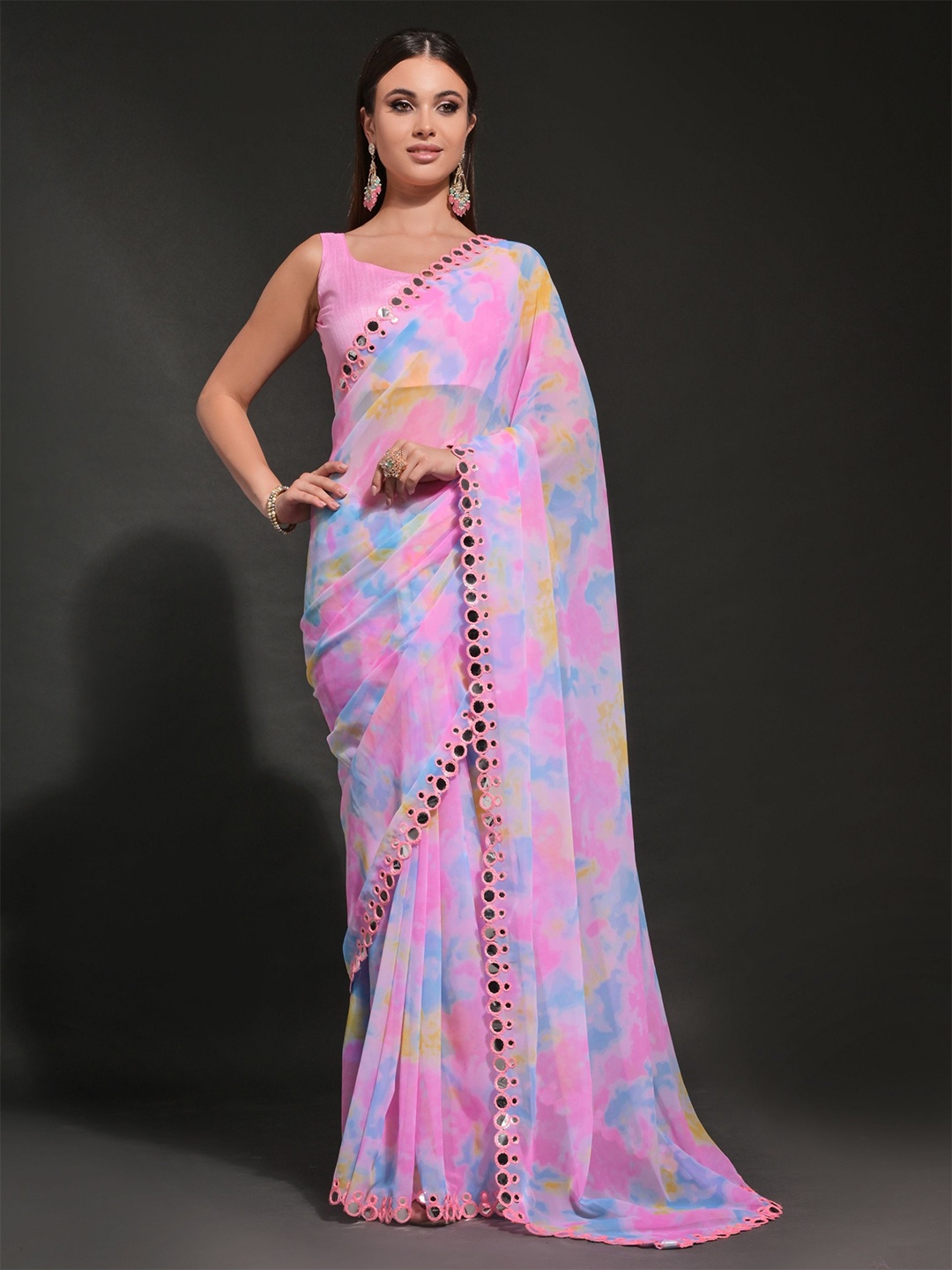 

KALINI Mirror Work Pure Georgette Saree, Pink