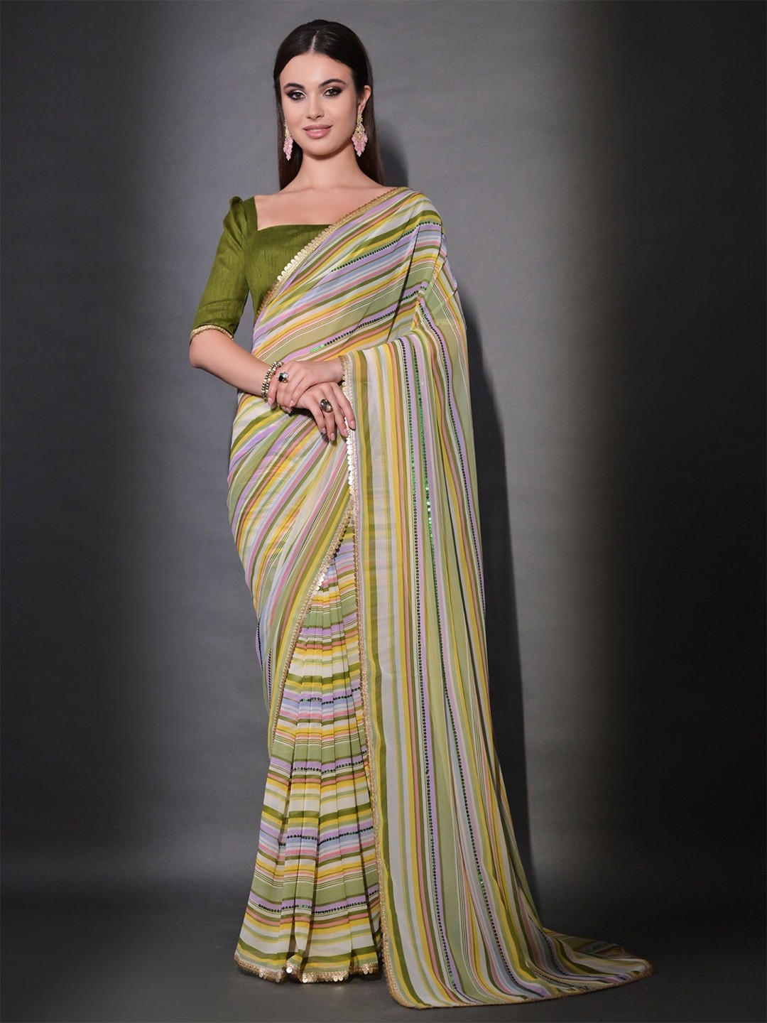 

KALINI Striped Sequinned Pure Georgette Saree, Green