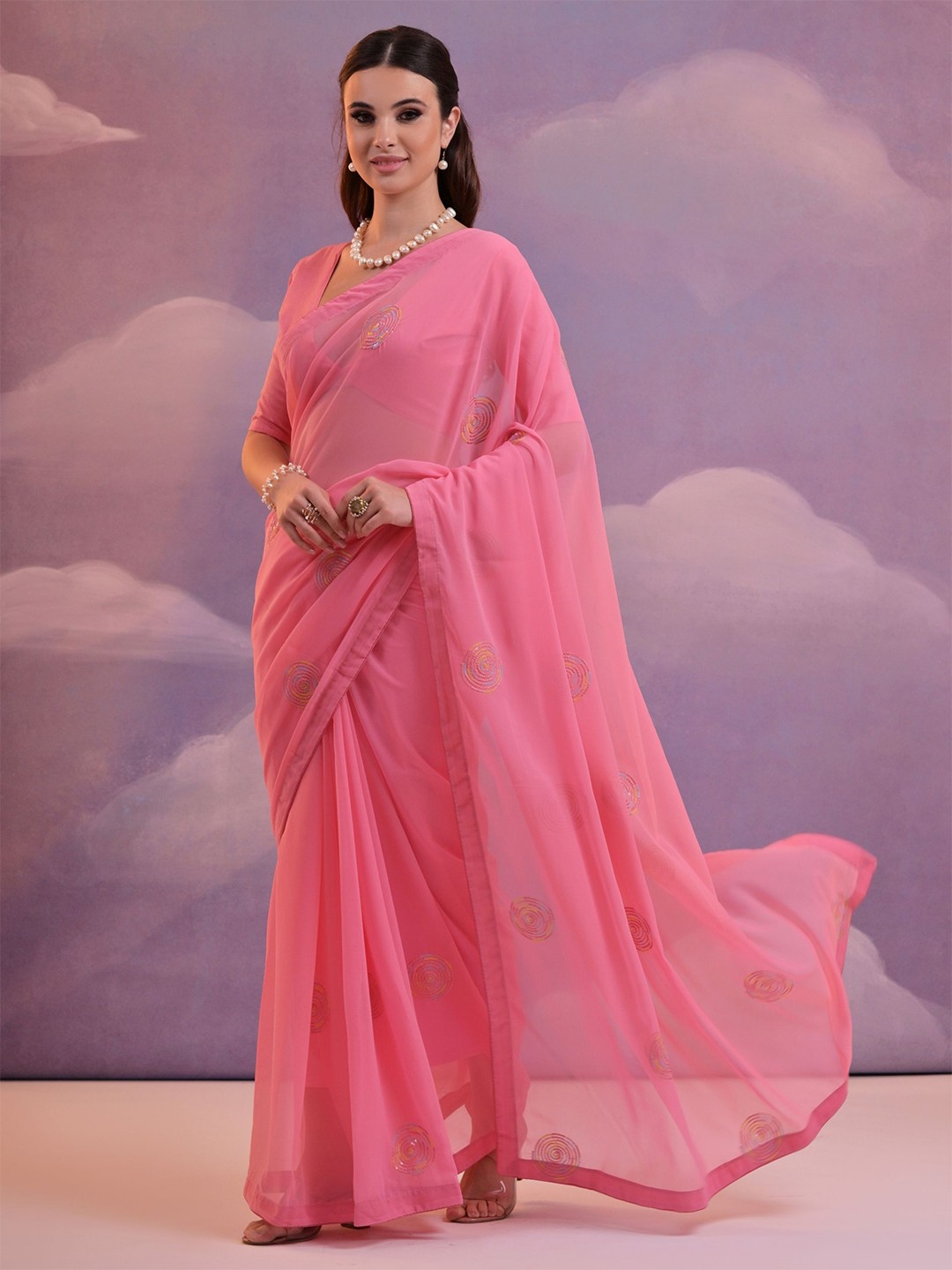 

KALINI Embellished Sequinned Pure Georgette Saree, Pink