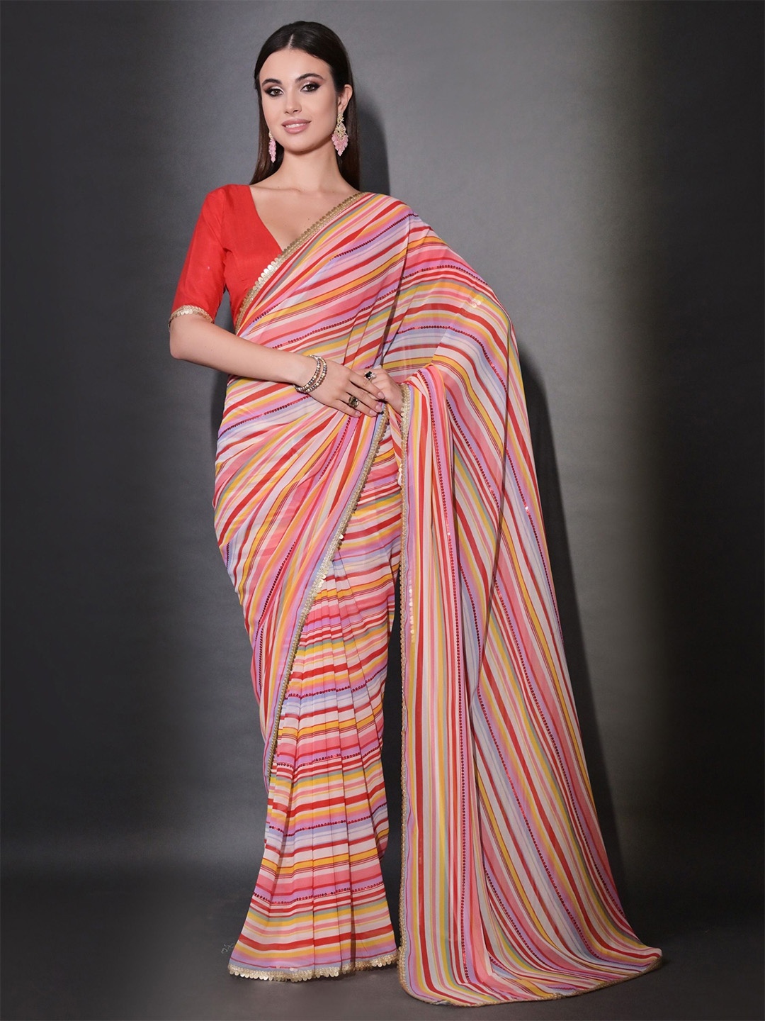 

KALINI Striped Sequinned Pure Georgette Saree, Red