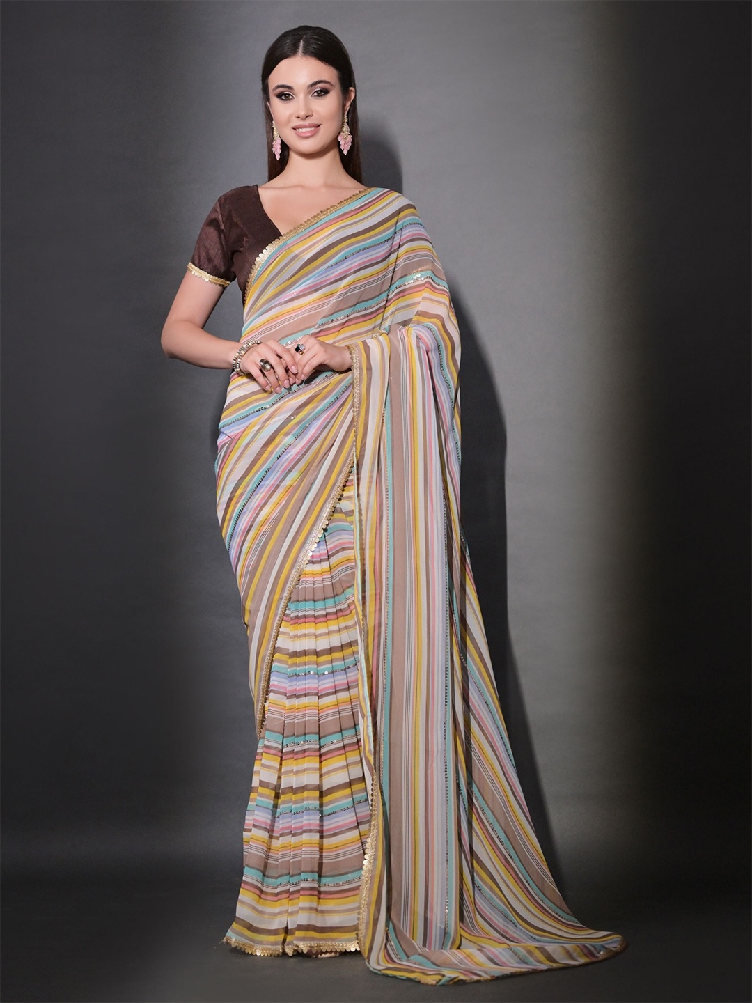 

KALINI Striped Gotta Patti Pure Georgette Saree, Brown
