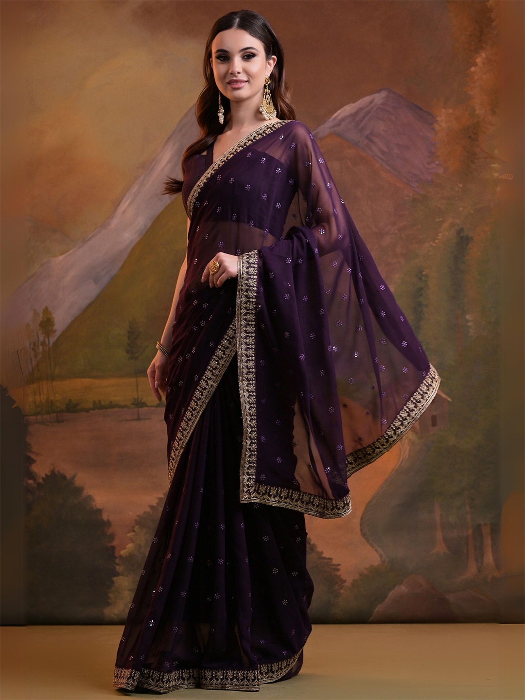 

KALINI Embellished Sequinned Pure Georgette Saree, Purple