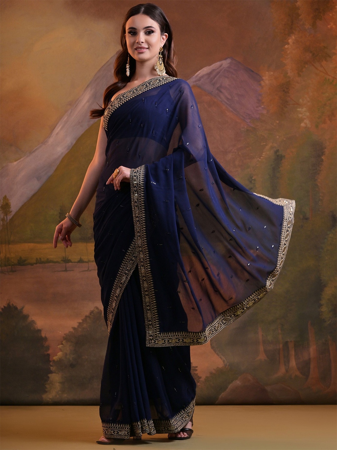 

KALINI Embellished Sequinned Pure Georgette Saree, Blue