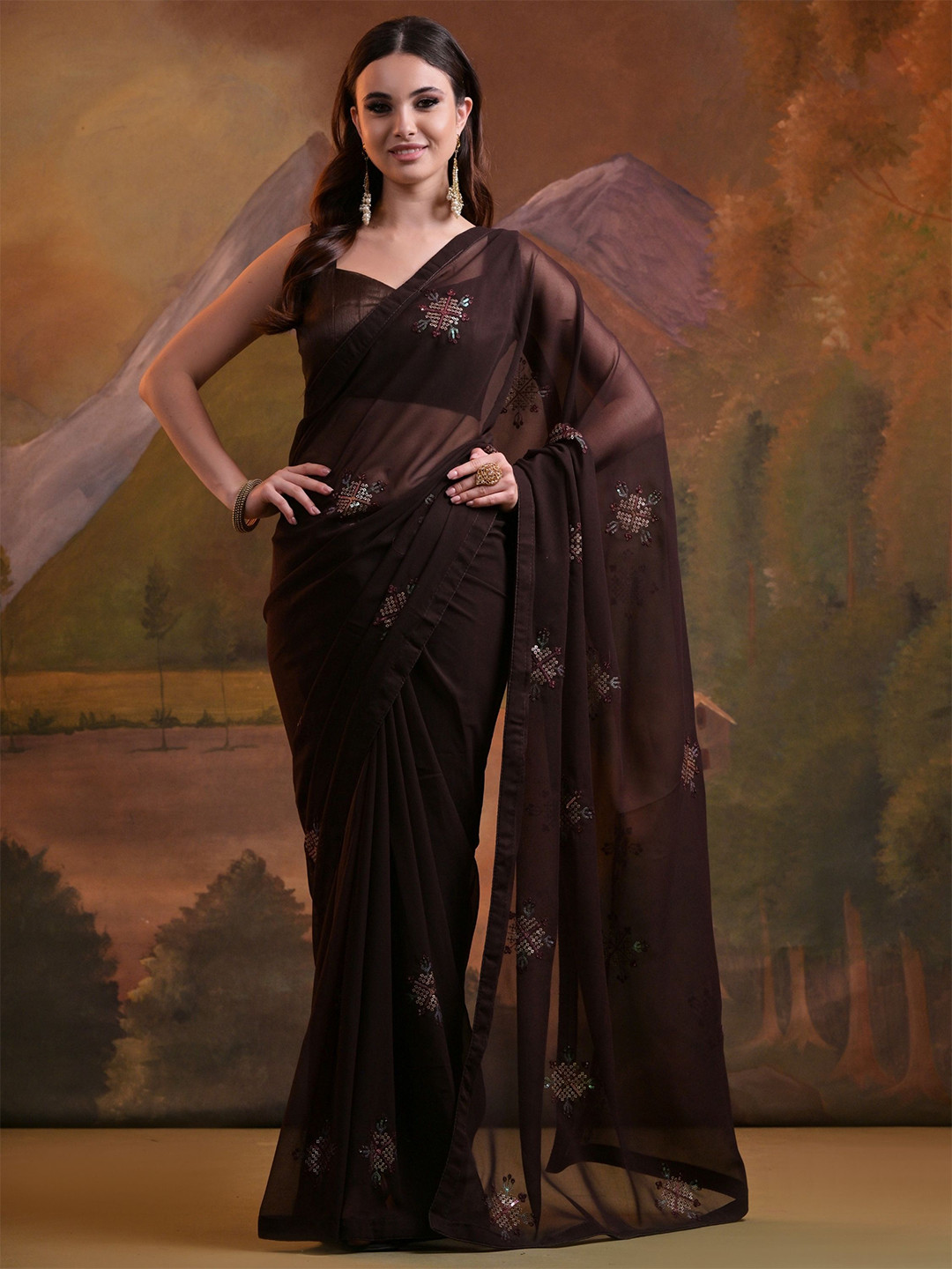 

KALINI Floral Sequinned Pure Georgette Saree, Brown