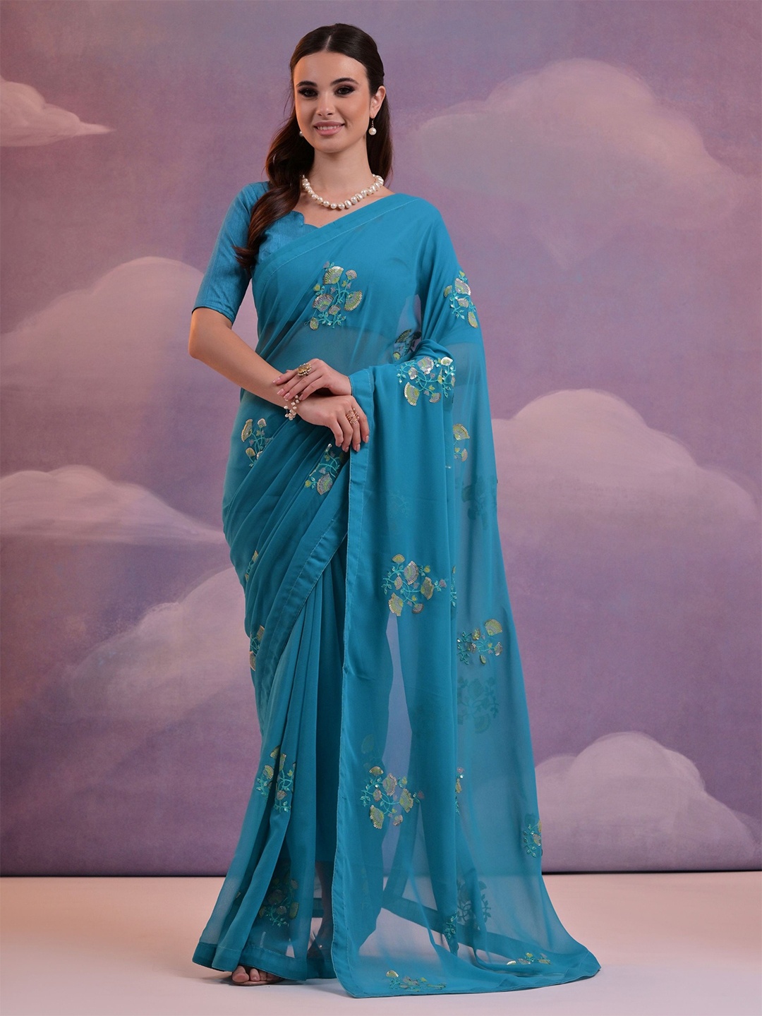 KALINI Floral Sequinned Pure Georgette Saree, Sea green