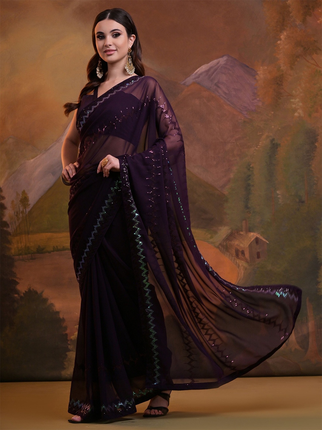 

KALINI Embellished Sequinned Pure Georgette Saree, Purple