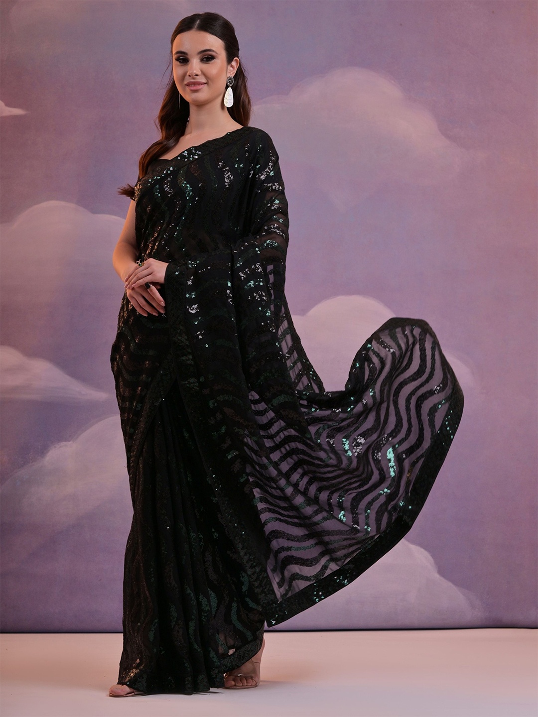 

KALINI Embellished Sequinned Pure Georgette Saree, Black