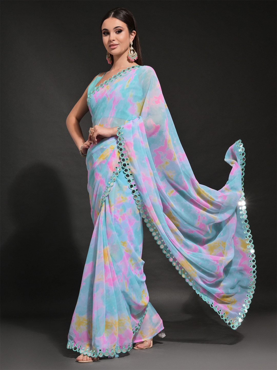 

KALINI Mirror Work Pure Georgette Saree, Turquoise blue