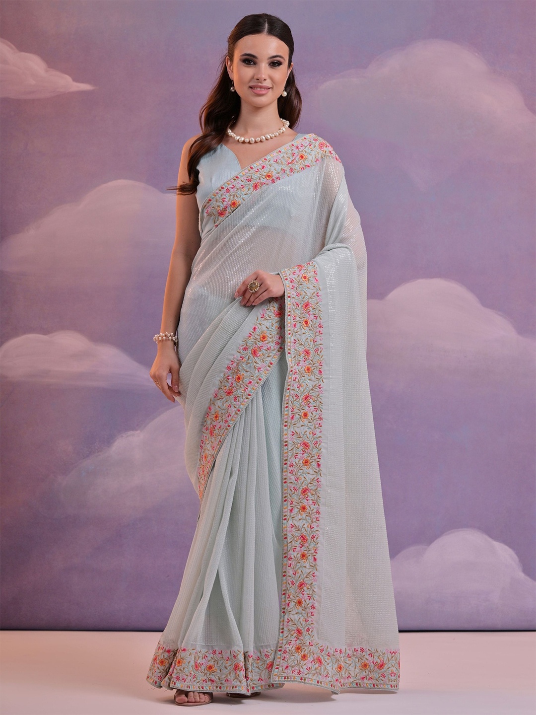 

KALINI Embellished Sequinned Pure Georgette Saree, Grey