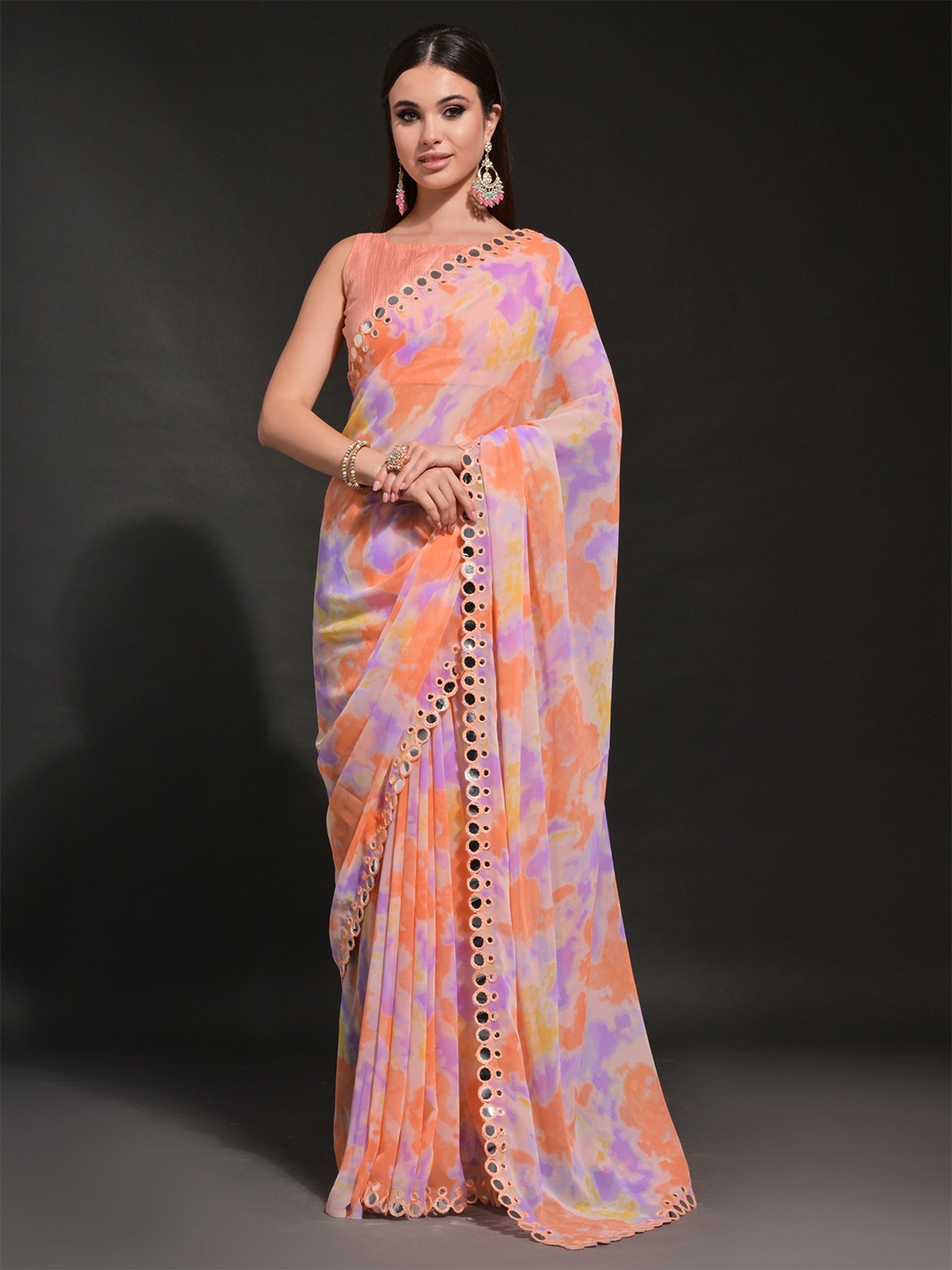 

KALINI Tie and Dye Mirror Work Pure Georgette Saree, Orange