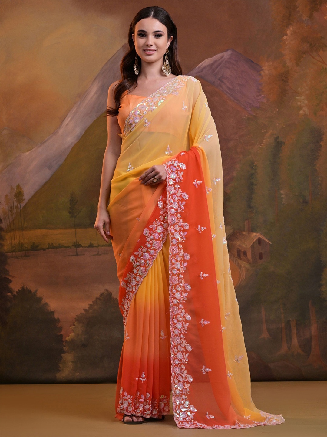 

KALINI Embellished Sequinned Pure Georgette Saree, Yellow