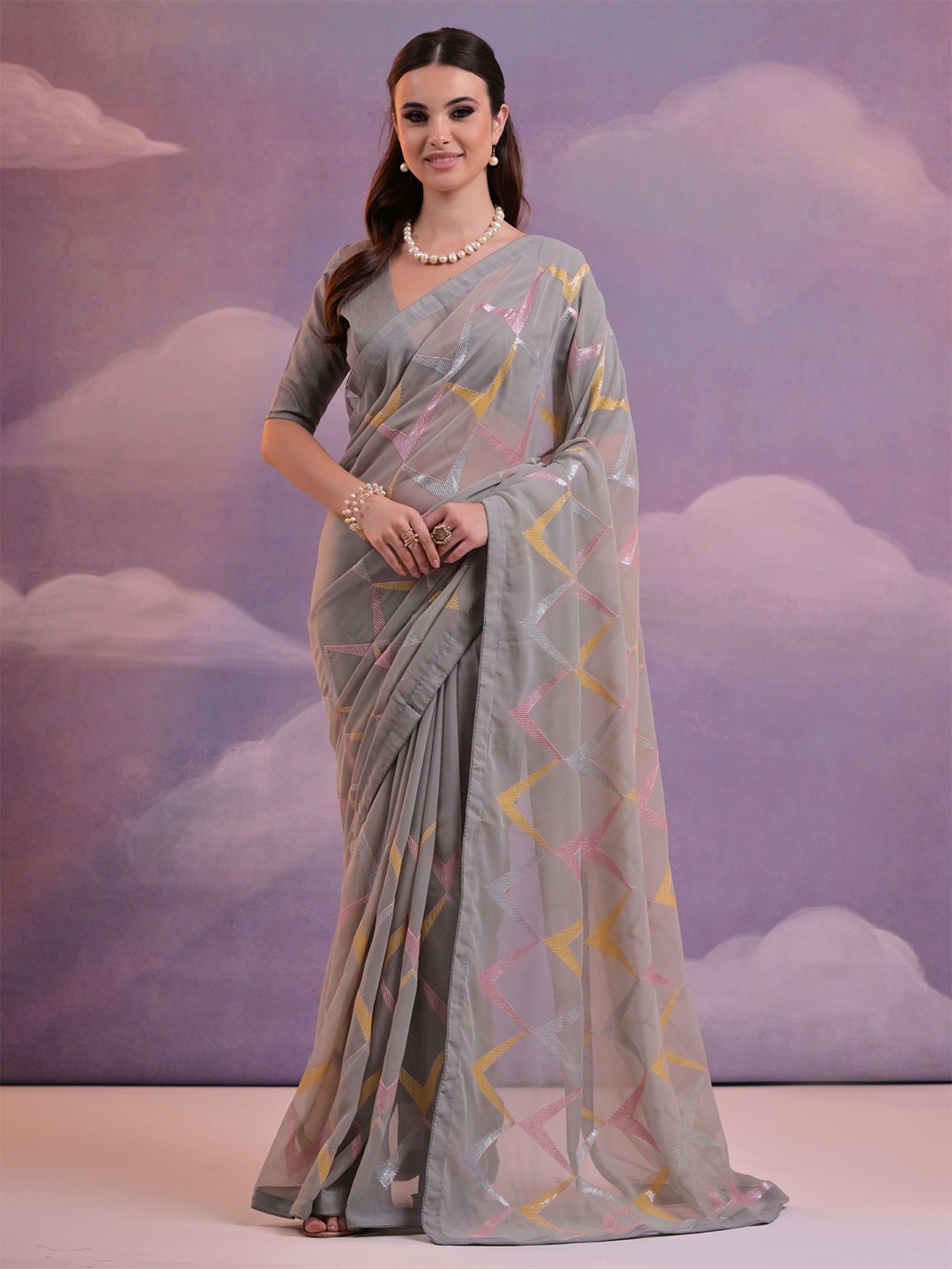 

KALINI Embellished Sequinned Pure Georgette Saree, Grey