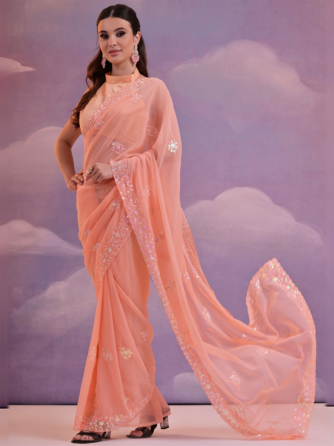 

KALINI Floral Sequinned Pure Georgette Saree, Peach