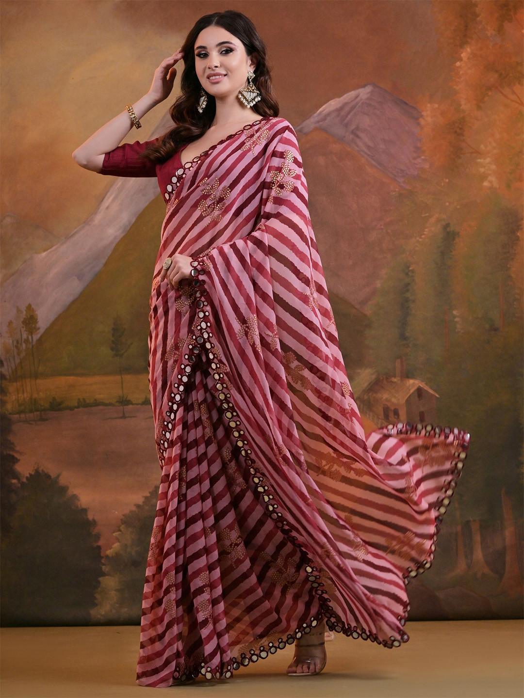 

KALINI Leheriya Mirror Work Pure Georgette Saree, Maroon