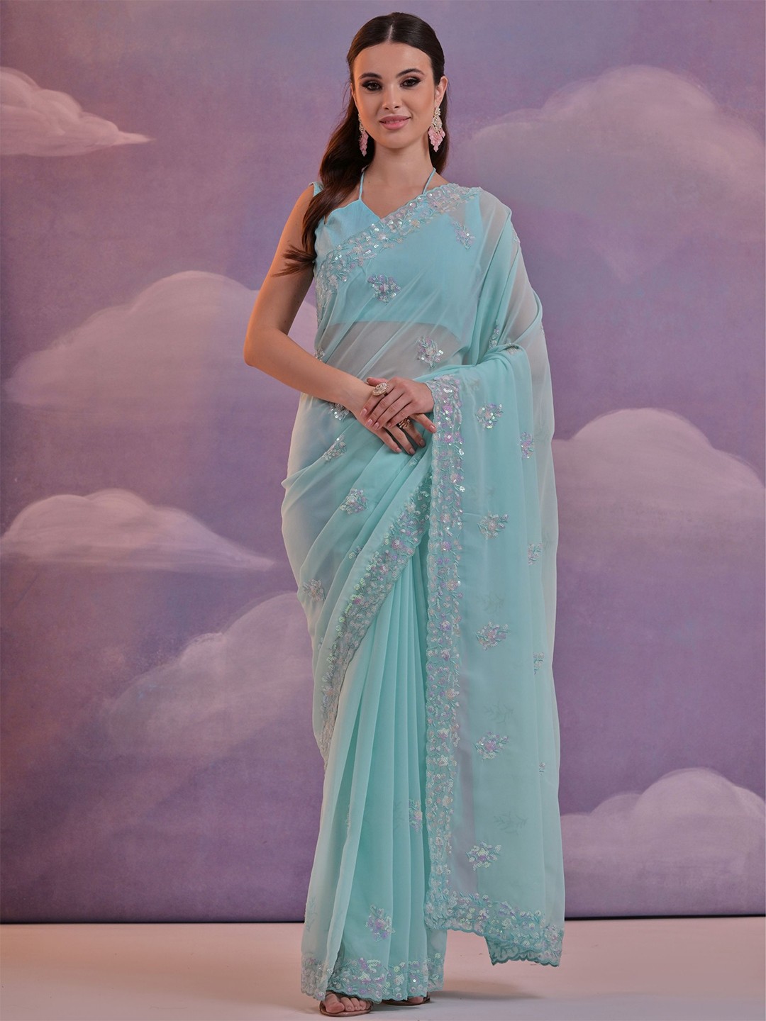 

KALINI Embellished Sequinned Pure Georgette Saree, Sea green