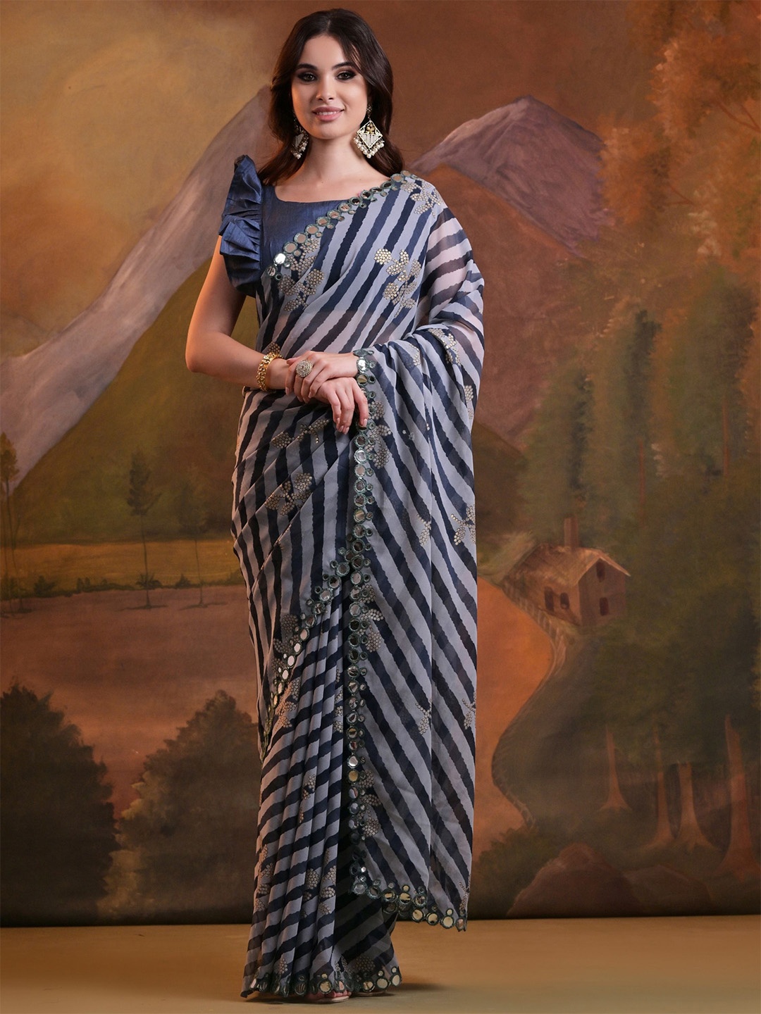 KALINI Embellished Mirror Work Pure Georgette Saree, Blue