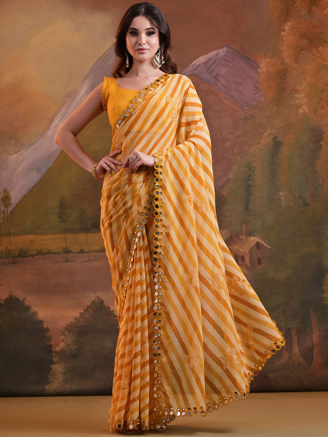 

KALINI Striped Mirror Work Pure Georgette Saree, Yellow