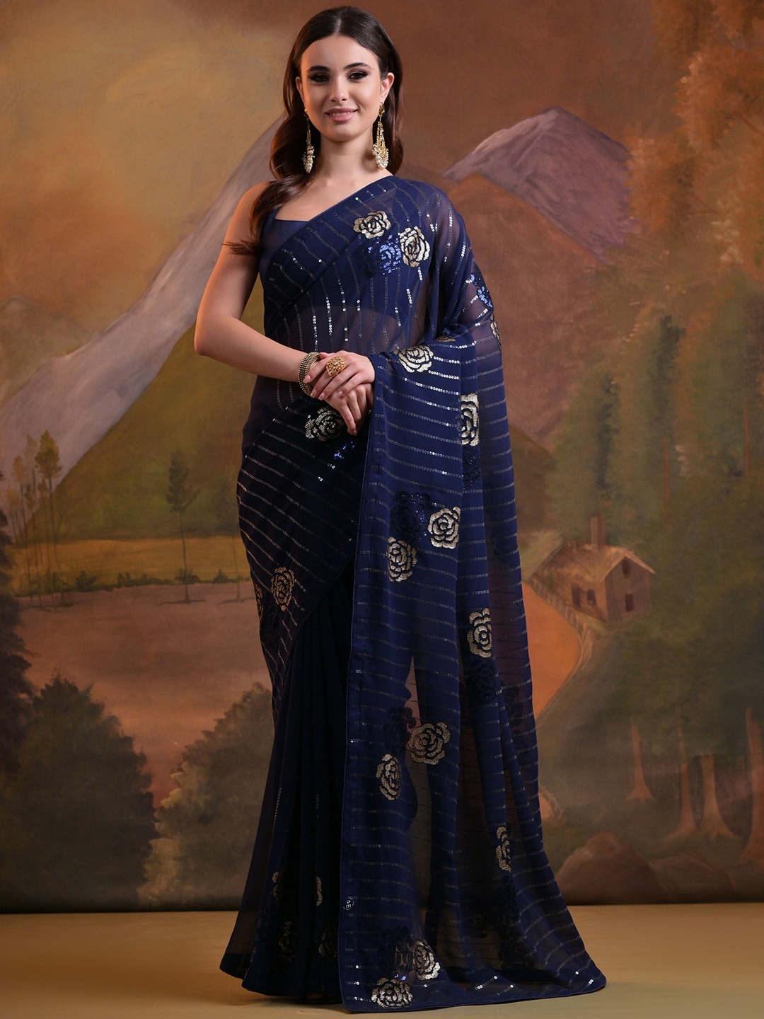 KALINI Floral Sequinned Pure Georgette Saree, Navy blue