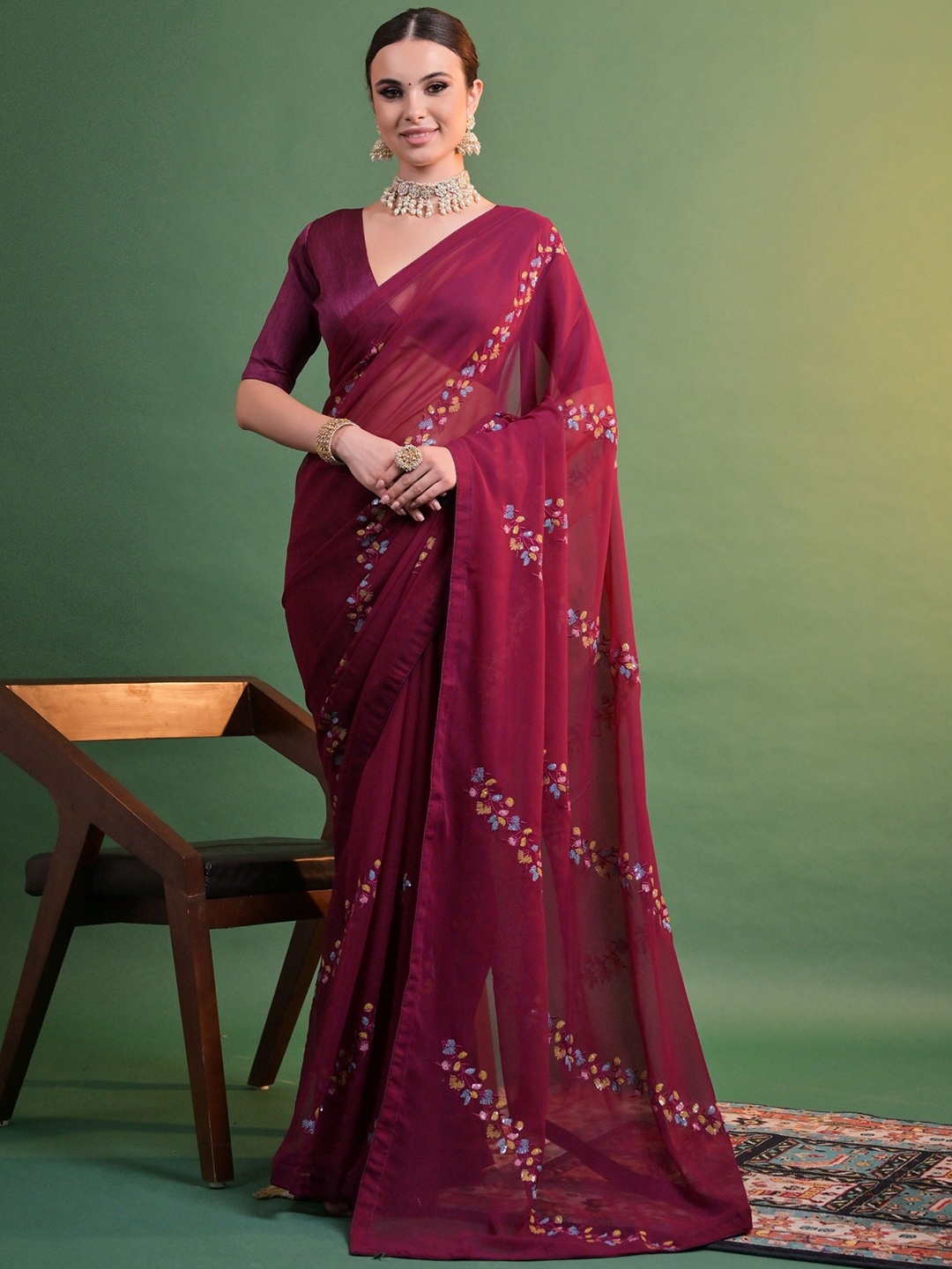 

KALINI Floral Embroidered Pure Georgette Saree, Purple