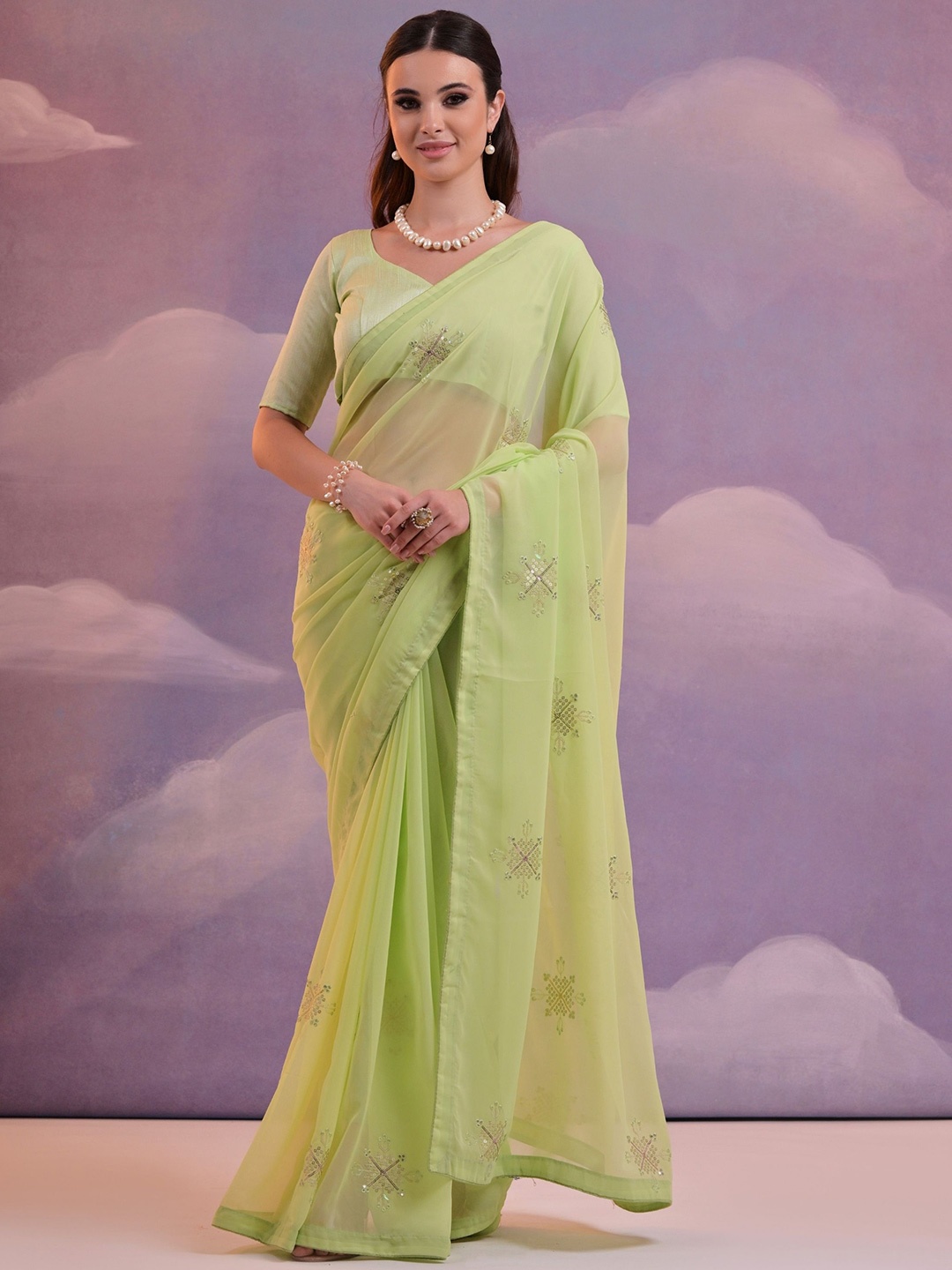 

KALINI Floral Sequinned Pure Georgette Saree, Olive
