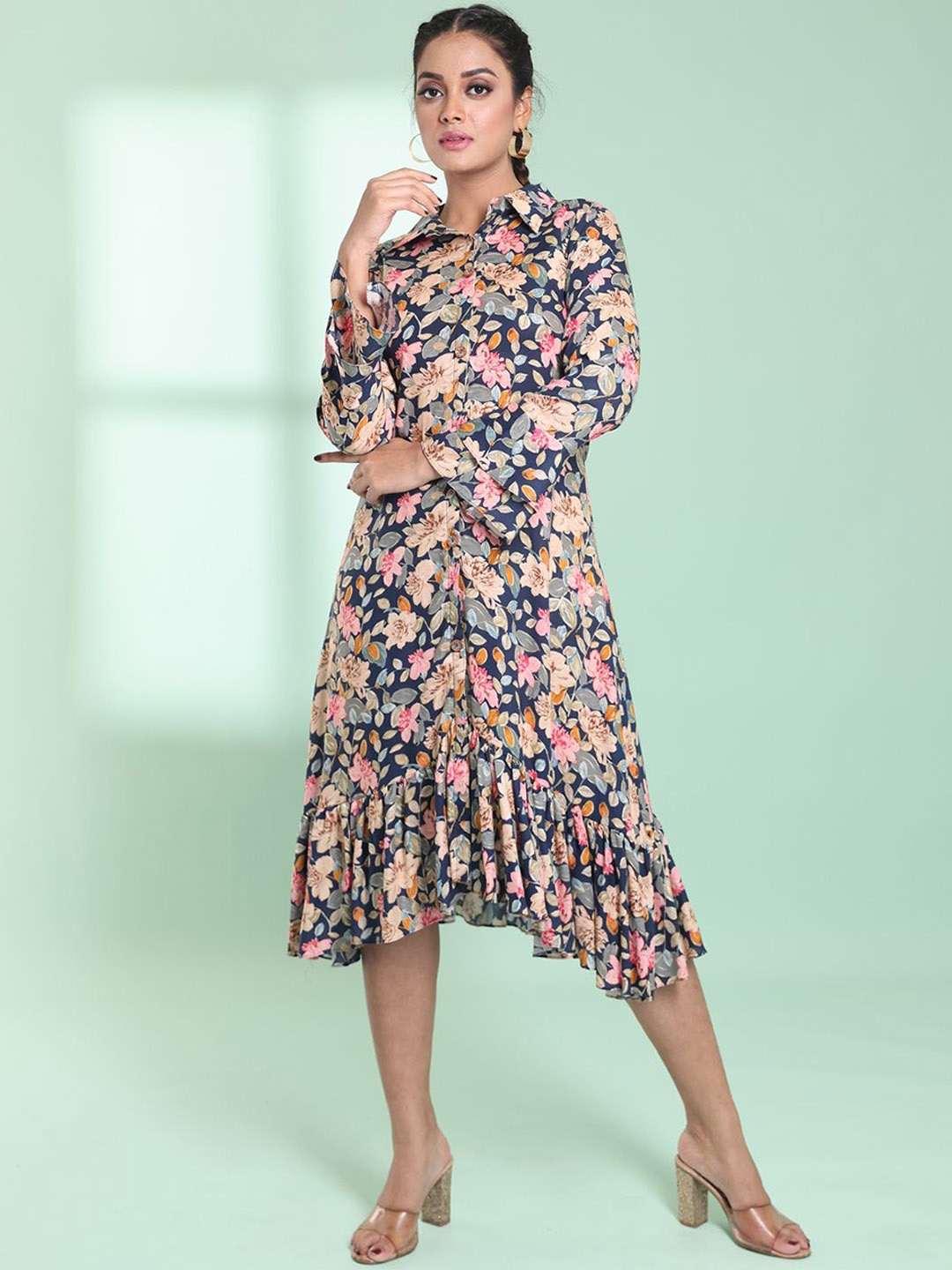 

Charukriti Floral Printed Bell Sleeve A-Line Midi Dress, Navy blue