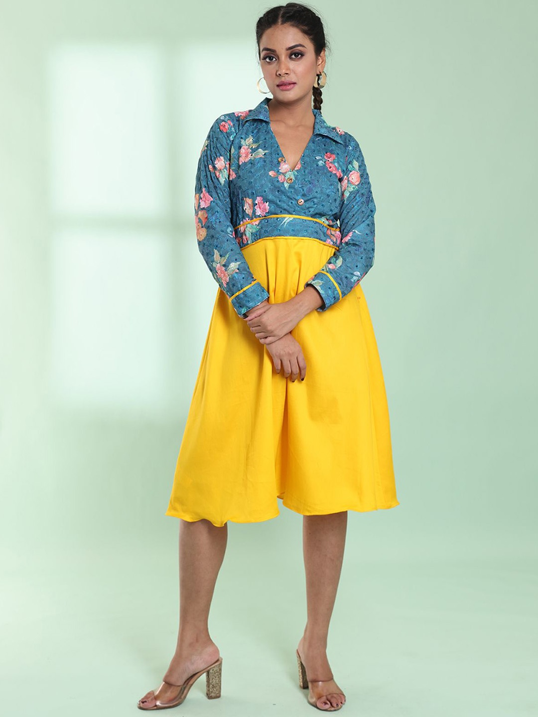 

Charukriti Floral Printed Chikankari Embroidered Cotton A-Line Dress, Yellow