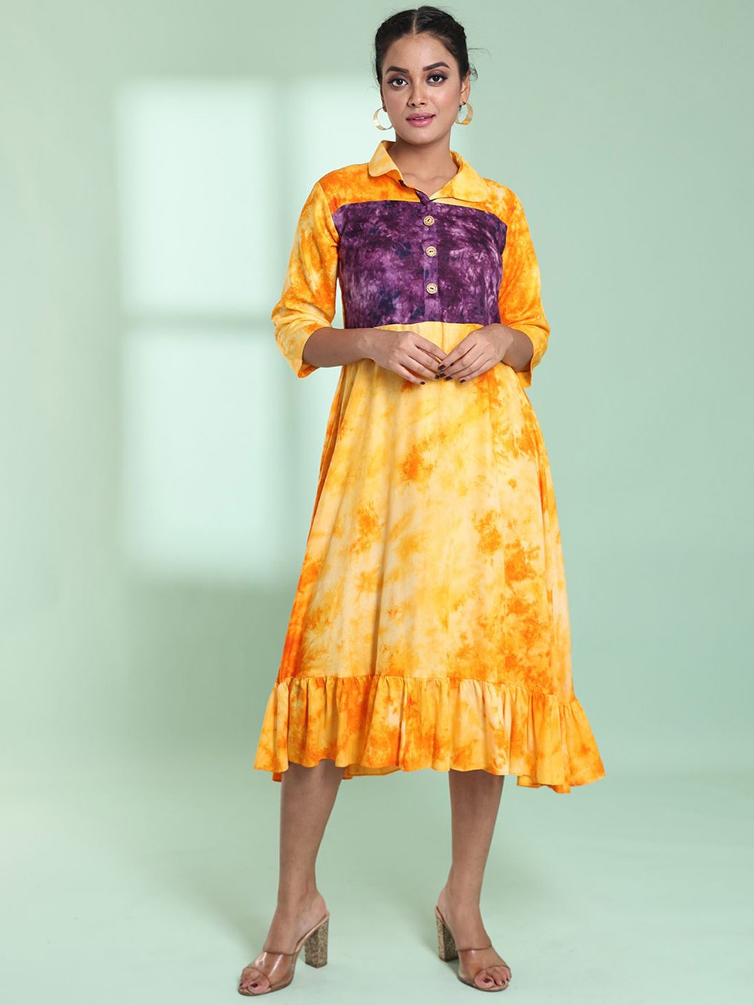 

Charukriti Tie & Dye Printed A-Line Midi Dress, Yellow