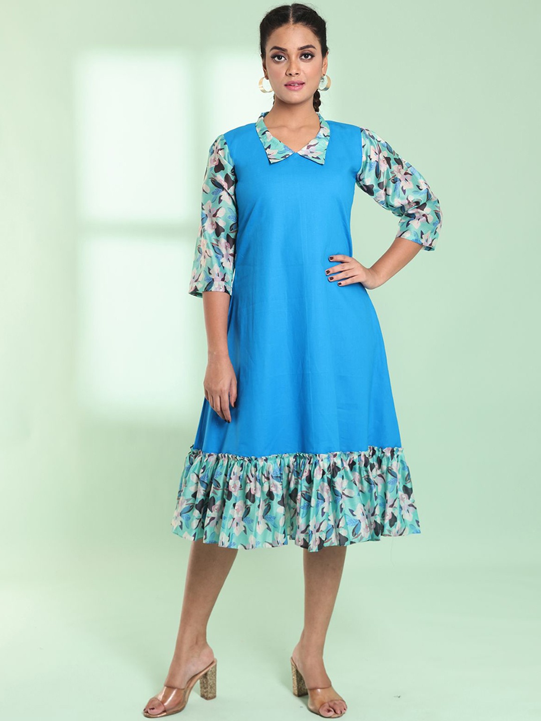 

Charukriti Shirt Collar Printed Cotton A-Line Midi Dress, Blue