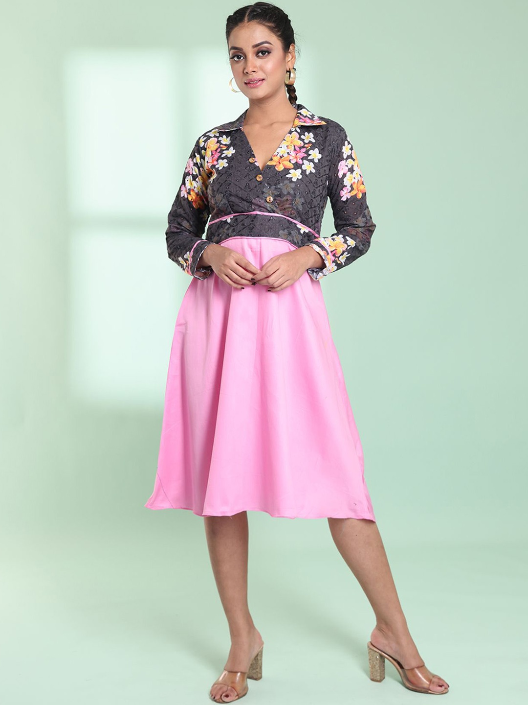 

Charukriti Floral Printed Cotton Fit & Flare Midi Dress, Pink