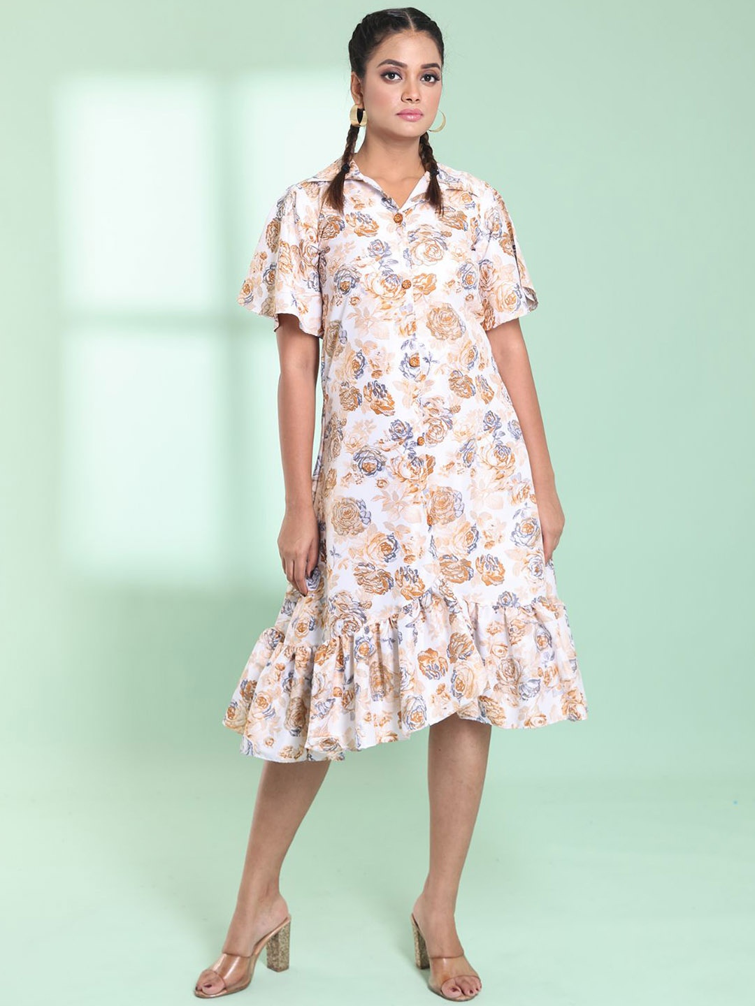 

Charukriti Shirt Collar Floral Printed Cotton A-line Midi Dress, Off white