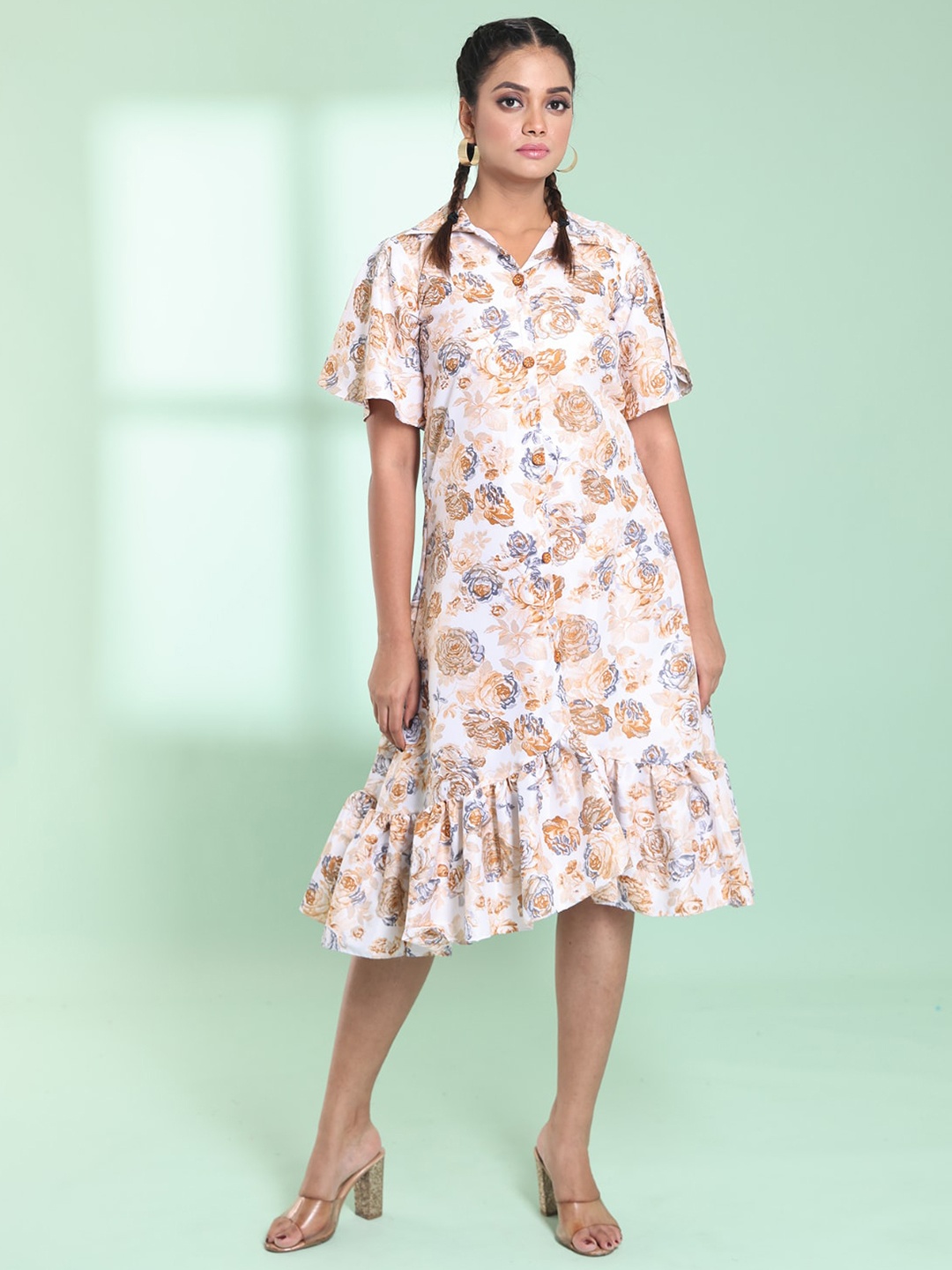 

Charukriti Women Floral Printed A-Line Midi Dress, Off white