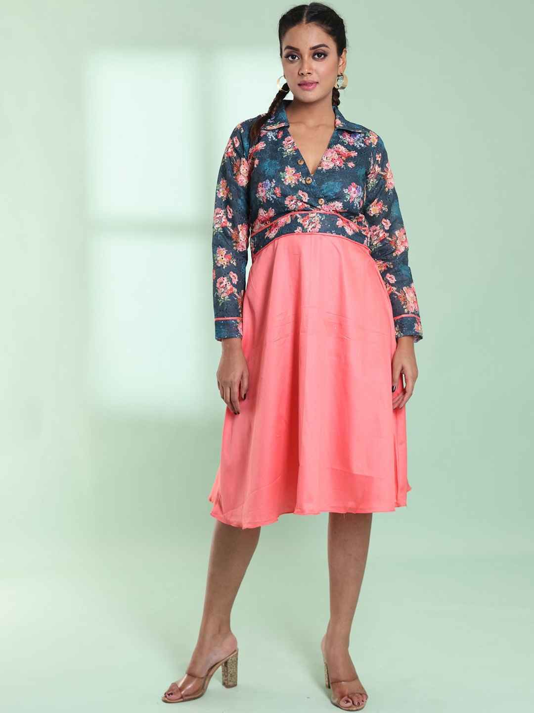 

Charukriti Floral Printed Shirt Collar Cotton A-Line Dress, Peach