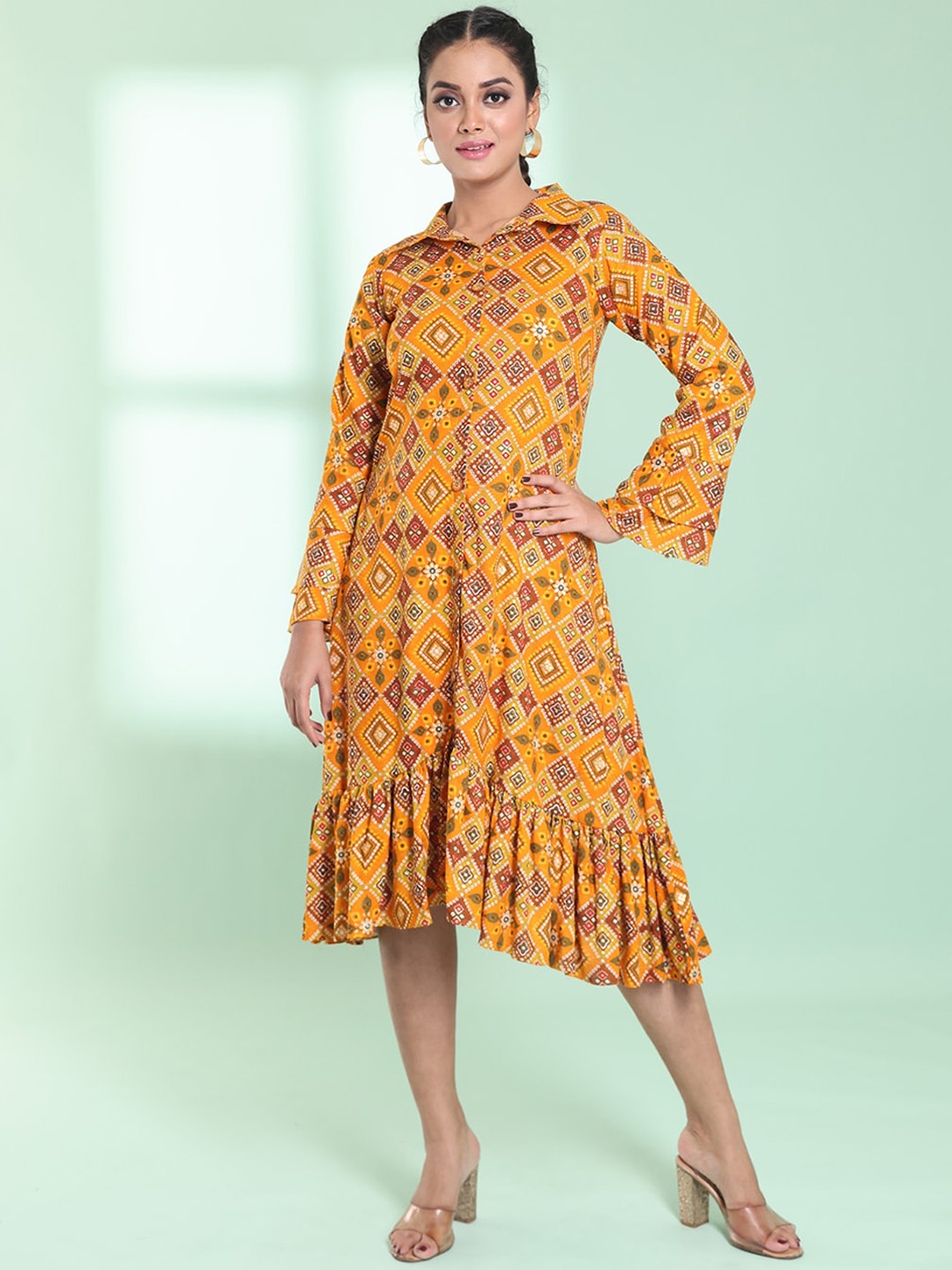 

Charukriti Bandhani Printed Shirt Collar A-Line Midi Dress, Yellow