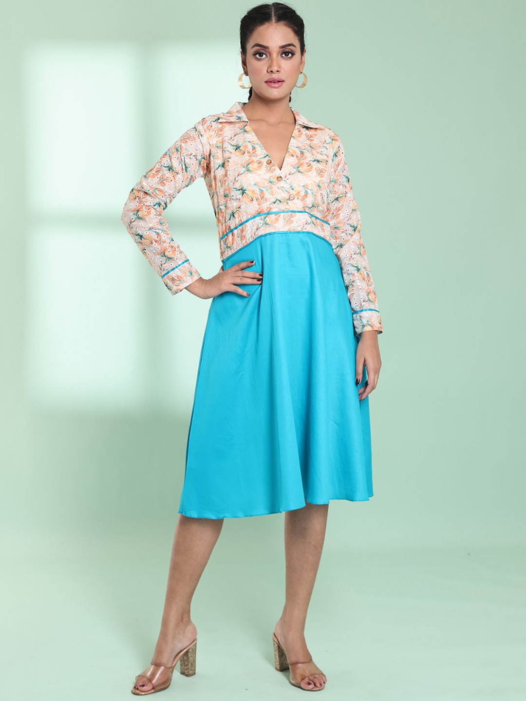 

Charukriti Floral Embroidered Cotton A-Line Midi Dress, Blue