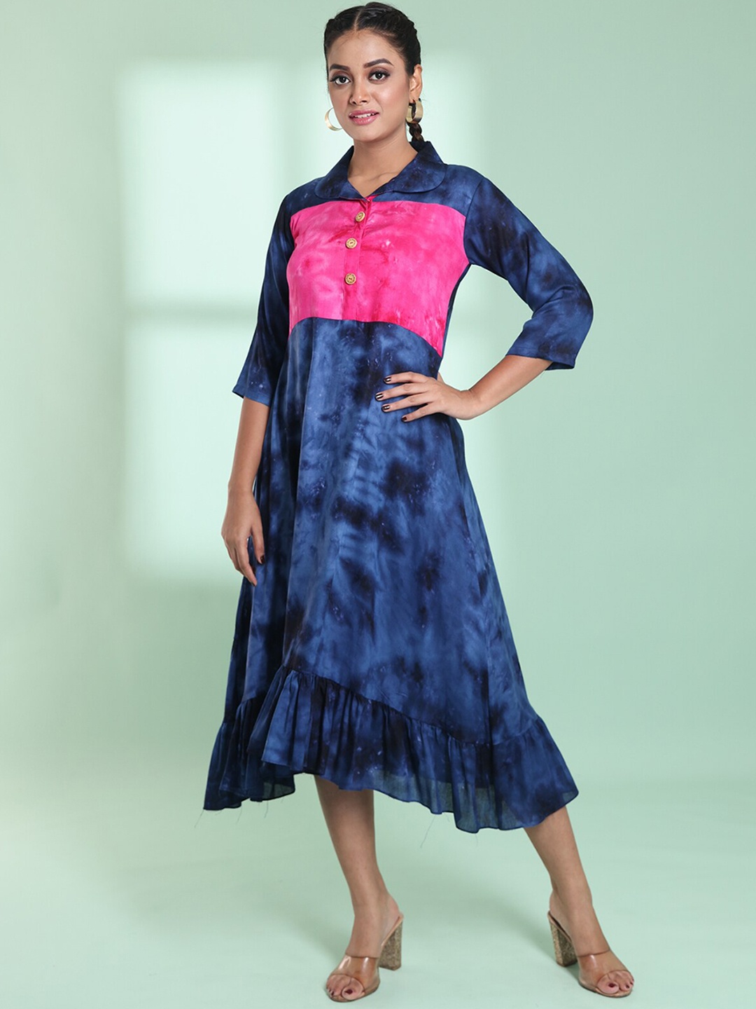 

Charukriti Tie & Dye Printed Shirt Collar Fit & Flare Dress, Navy blue