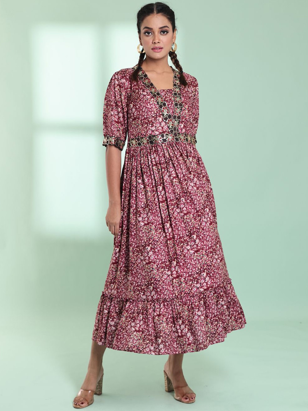 

Charukriti Floral Printed Maxi Ethnic Dress, Magenta