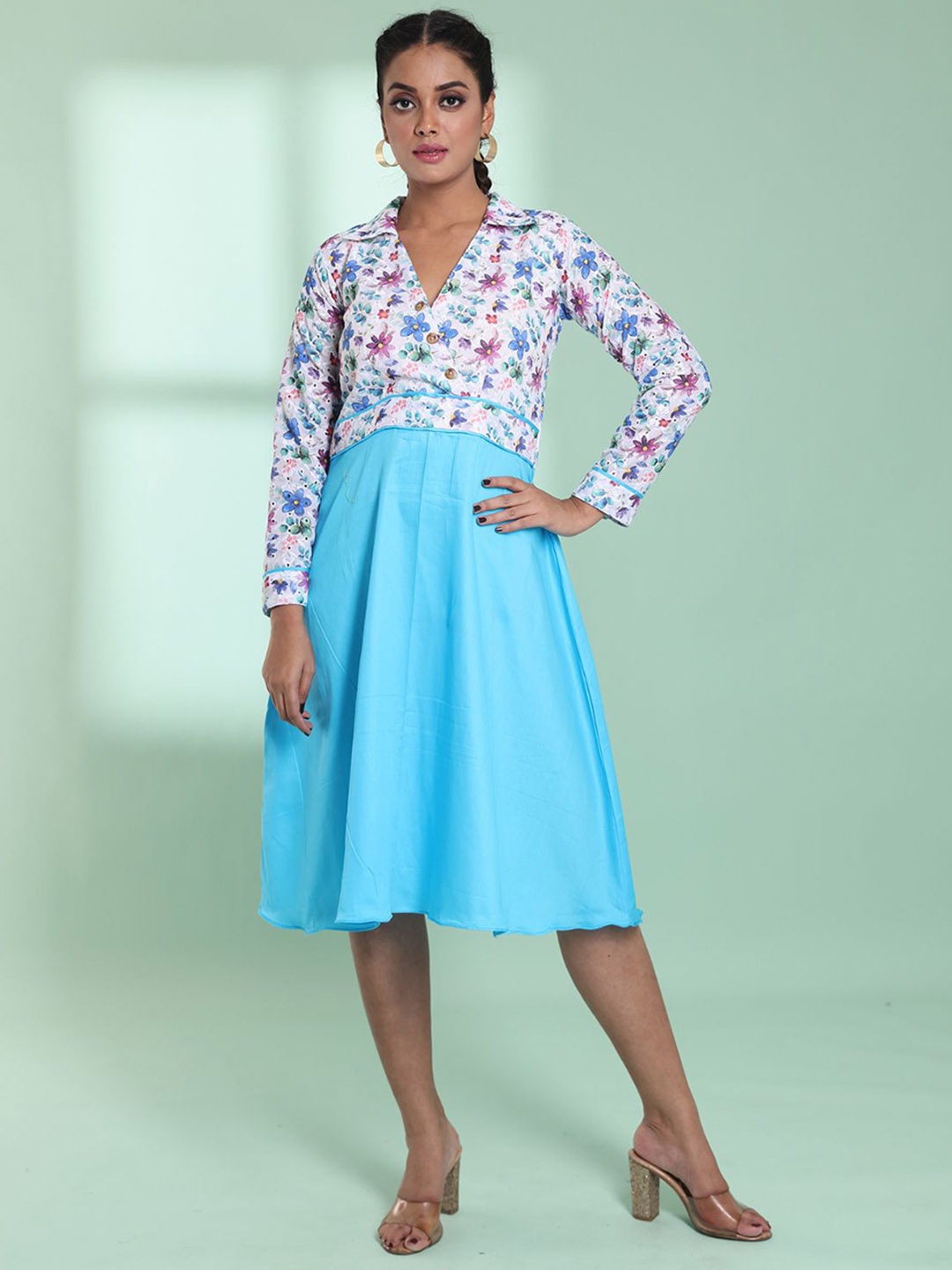 

Charukriti Floral Printed Shirt Collar Cotton A-Line Dress, Blue