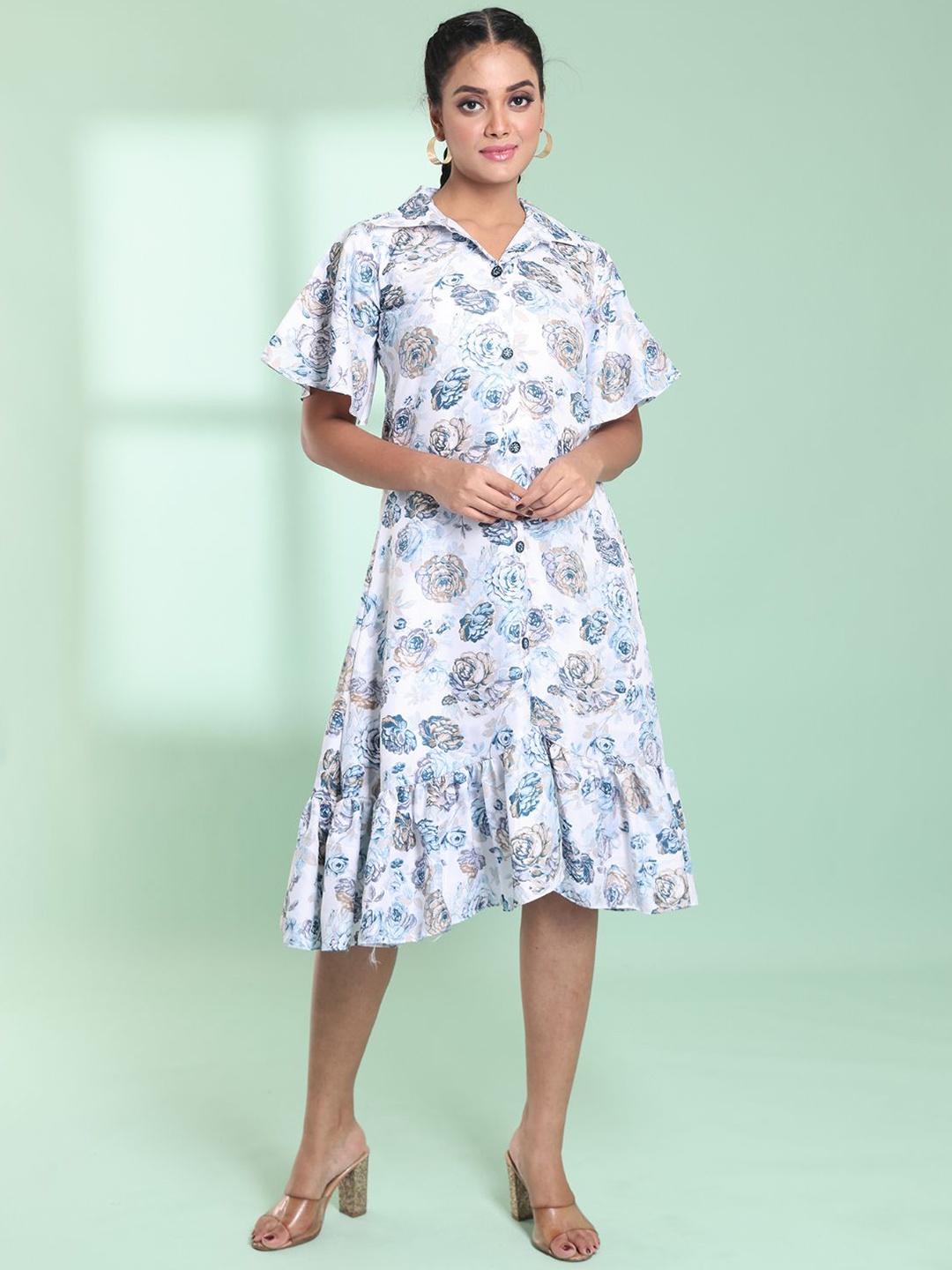 

Charukriti Women Floral Printed Cotton A-Line Knee-Length Dress, White