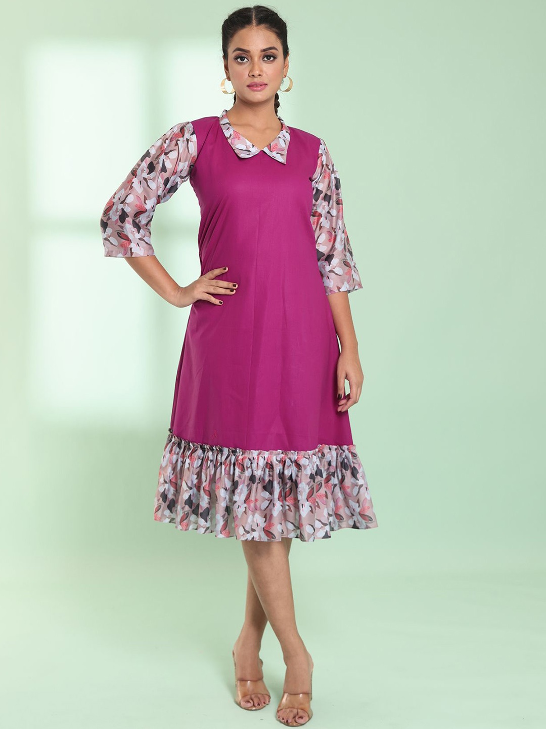 

Charukriti Shirt Collar Cotton A-line Midi Dress, Purple