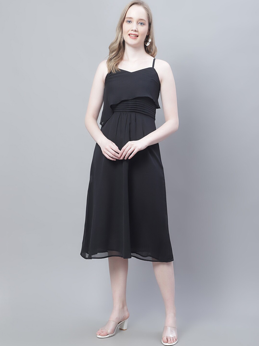 

MINI & MING Shoulder Straps Georgette Fit & Flare Midi Dress, Black