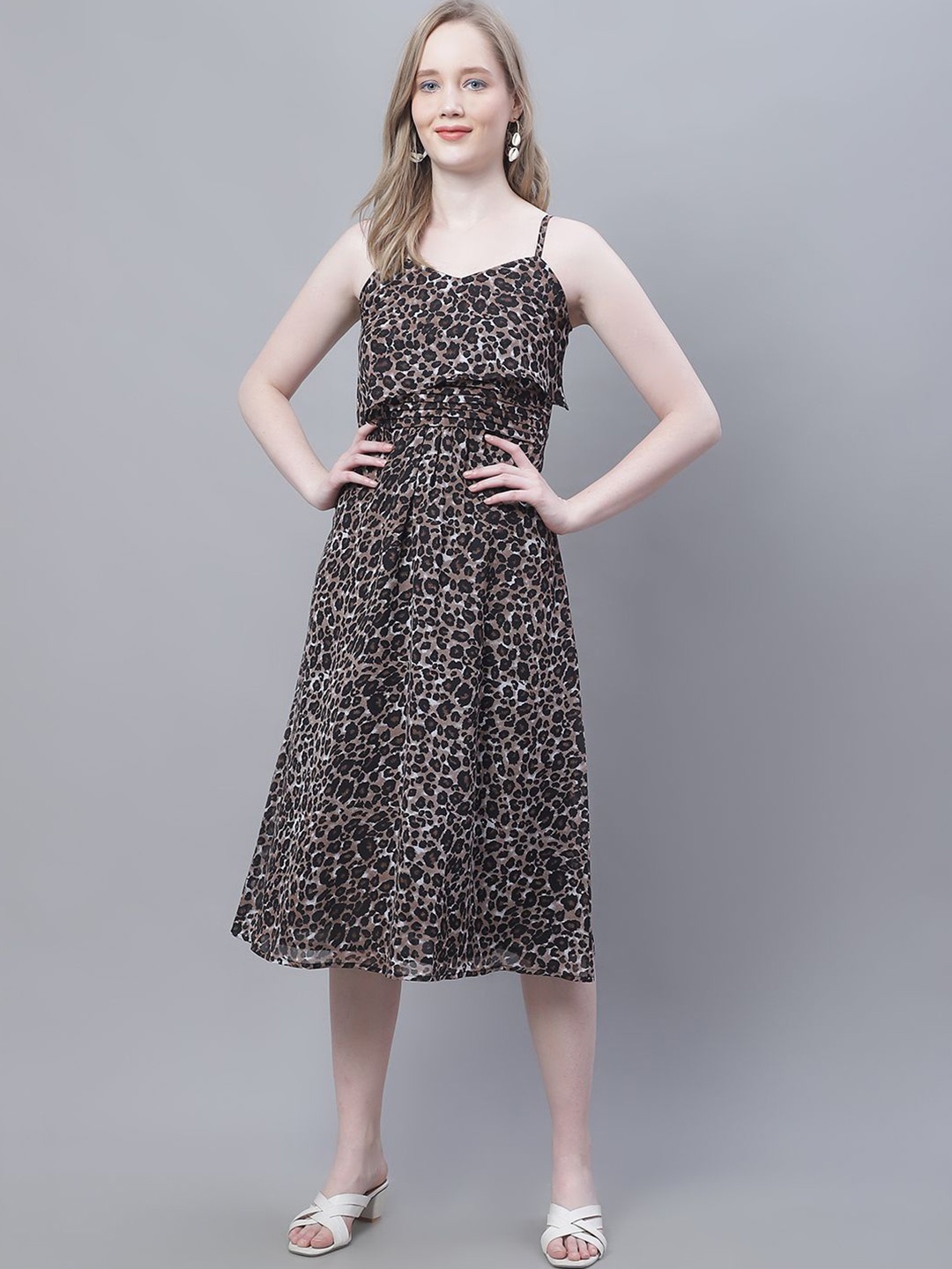 

MINI & MING Animal Print Georgette Fit & Flare Midi Dress, Black